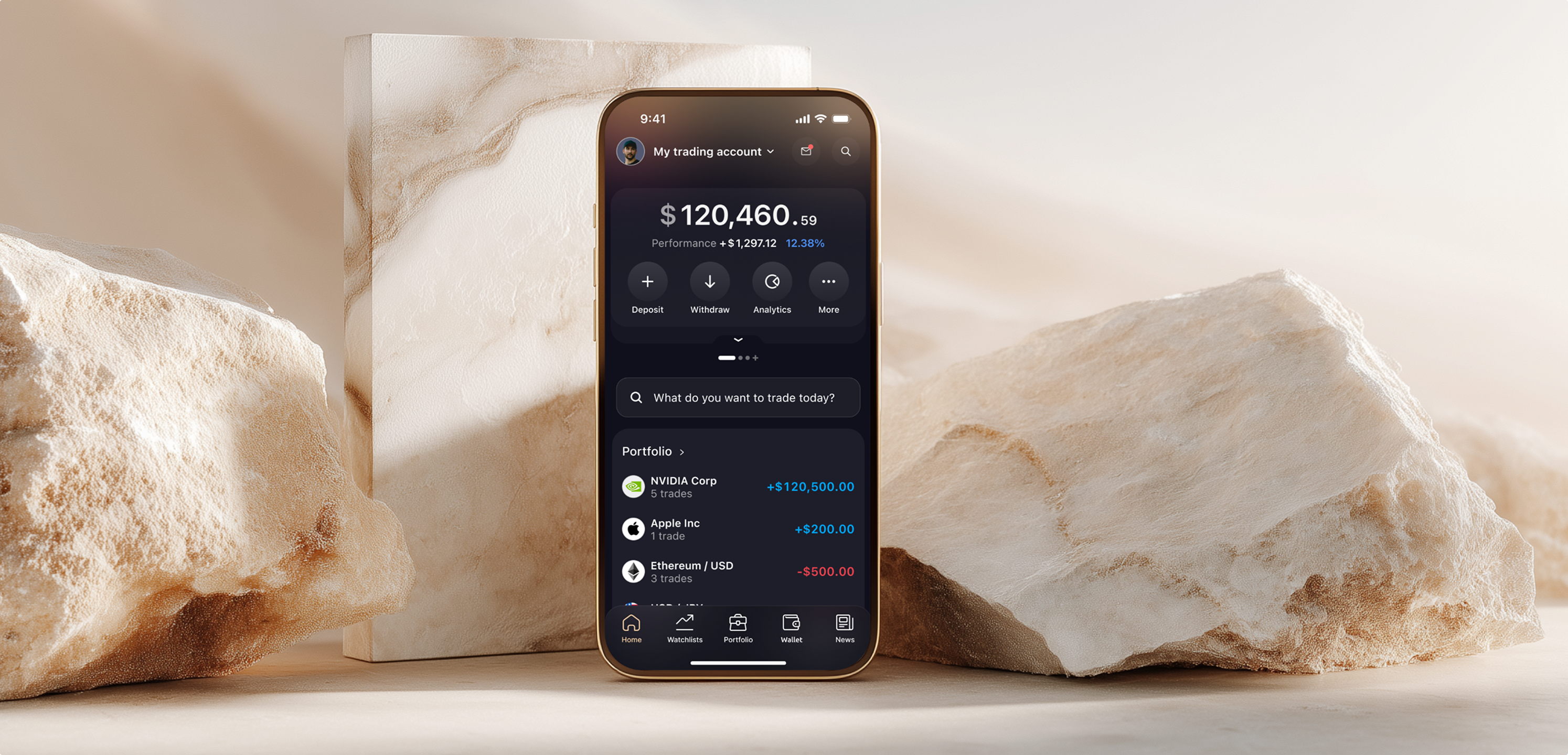 Capital.com redesigned mobile app screens showing portfolio, markets, search and watchlist flows.