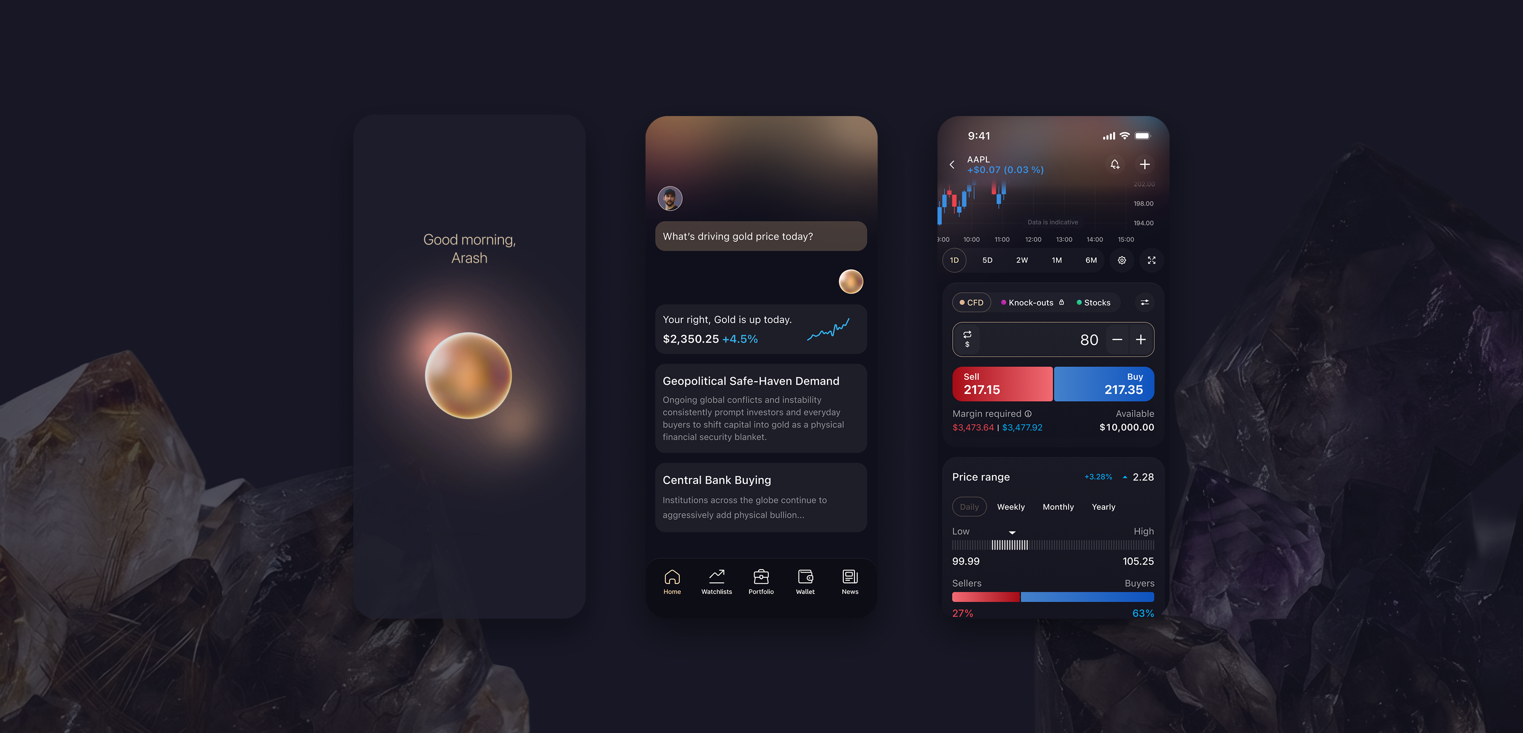 The conversational journey: a good morning greeting with a golden orb, a plain-language market conversation, and the trade screen, set over amethyst crystal.