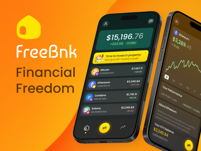 FreeBnk brand: Financial Freedom title beside the app on two phones.