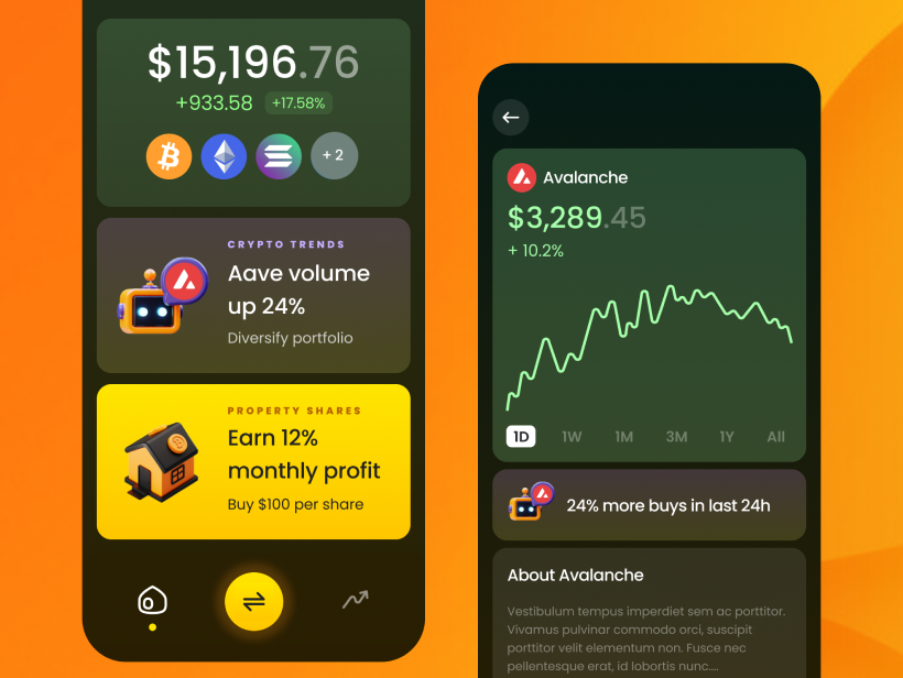 FreeBnk app: portfolio, crypto trends and an asset detail with performance chart.