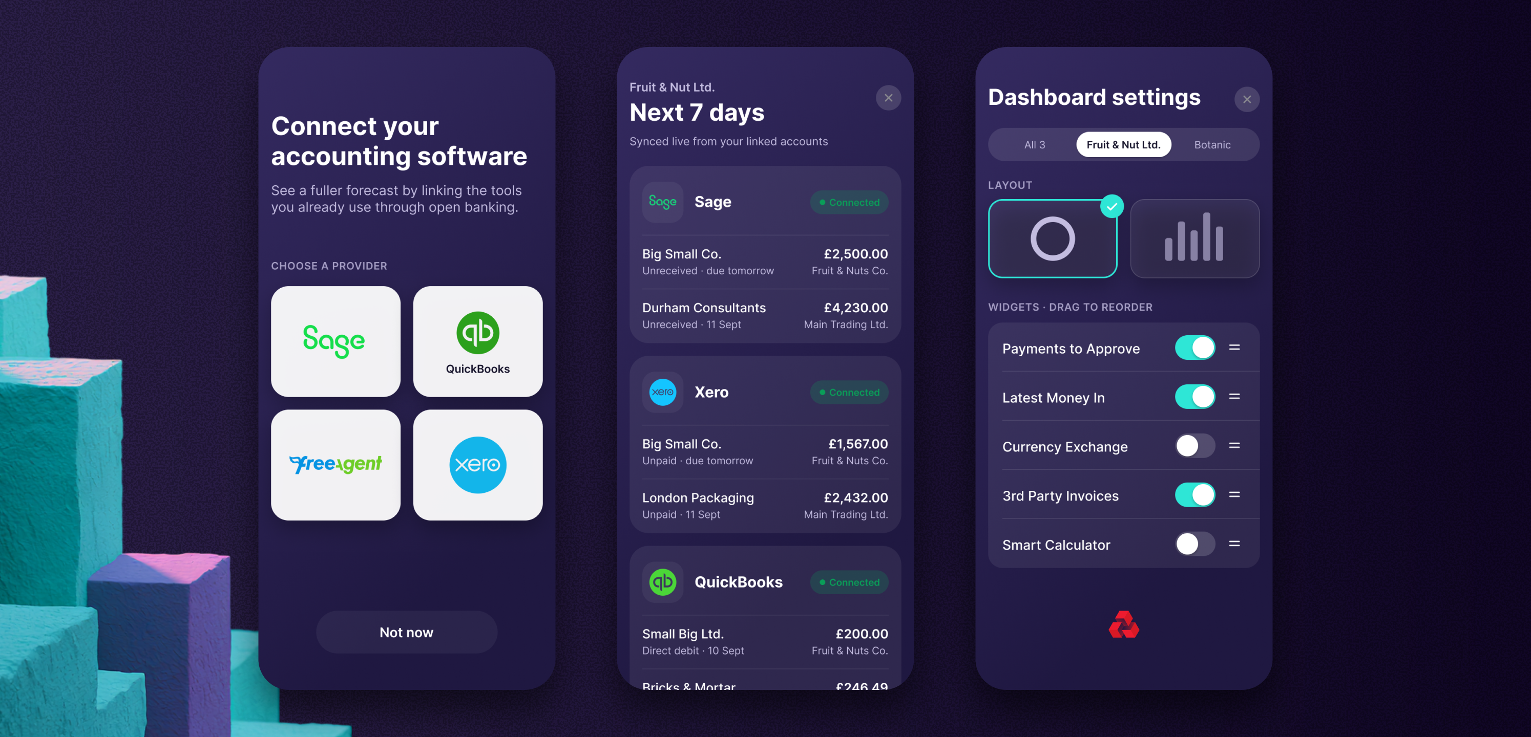 Open banking: connect Sage, Xero and QuickBooks, the seven-day forecast, and the dashboard settings.