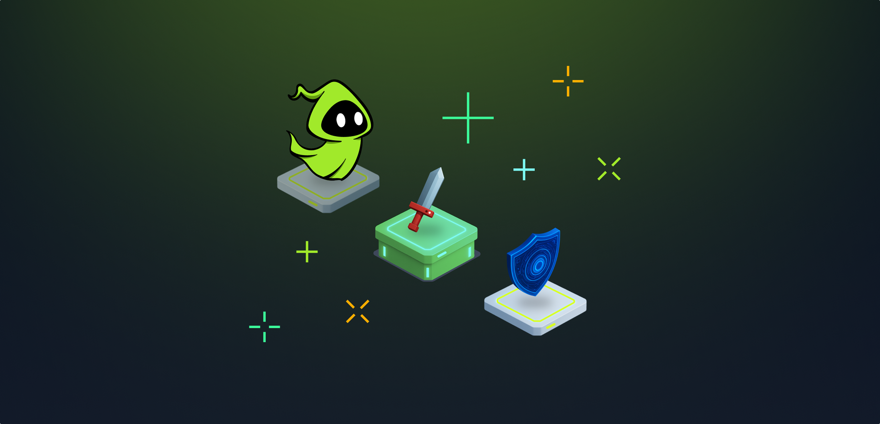 TryHackMe brand world: a friendly ghost mascot, sword and shield on neon-lit platforms.
