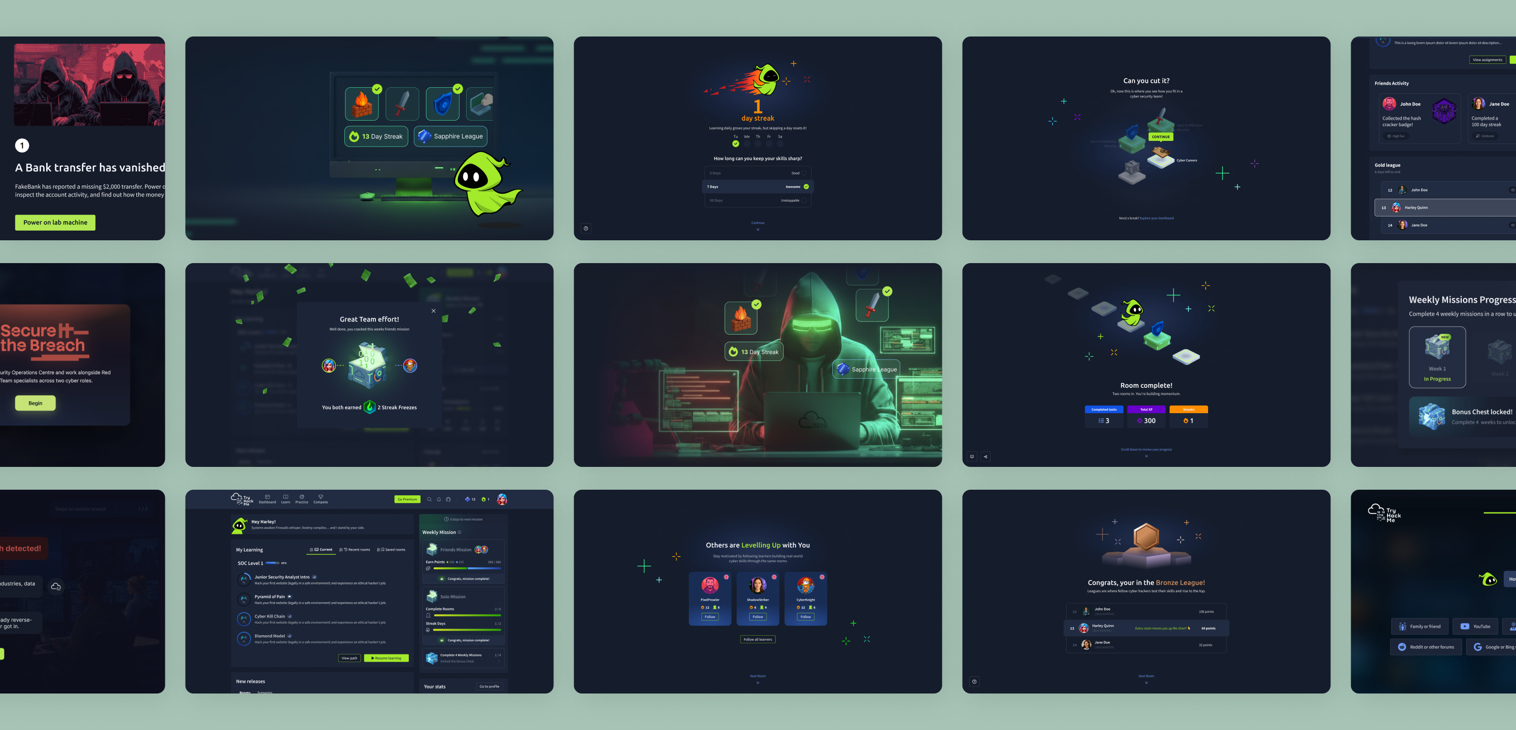 Gamified learning path: the visual journey, character animation, room states and icon library across learning topics.