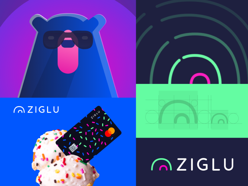Ziglu brand world: friendly bear mascot, debit card and wordmark.