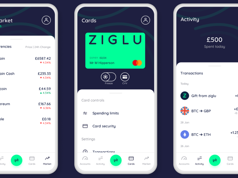 Ziglu app: market, cards and activity screens.
